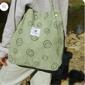 Corduroy Green Smiley Face Tote Bag
